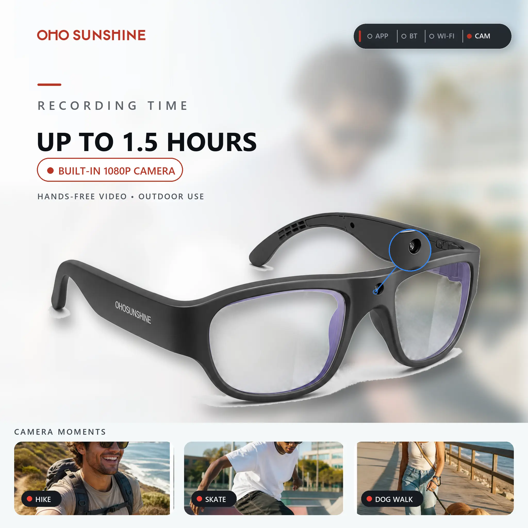 OhO Sunshine Smart Glass Eyewear - 46g Touch-Control Action Camera Men's Sunglasses, 1080P Full HD 16:9 Video/Photo Capture, USB Support, MP4 Compatibility, Built-In Rechargeable Battery Cells, Hands-Free for Cycling (Father's Day Gift)