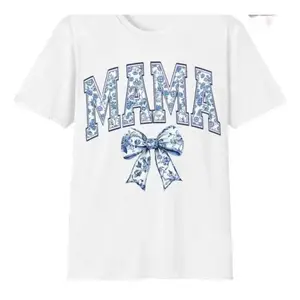 FEEGO Mama Shirt, Blue Ribbon Shirt, Aesthetic Gift for Mom, Cute Mom Shirt, Toile Bow Shirt, Mother’s Day Gift. silky  graphic  tees Feliz Navidad Cotton T-Shirt y2k t-shirt