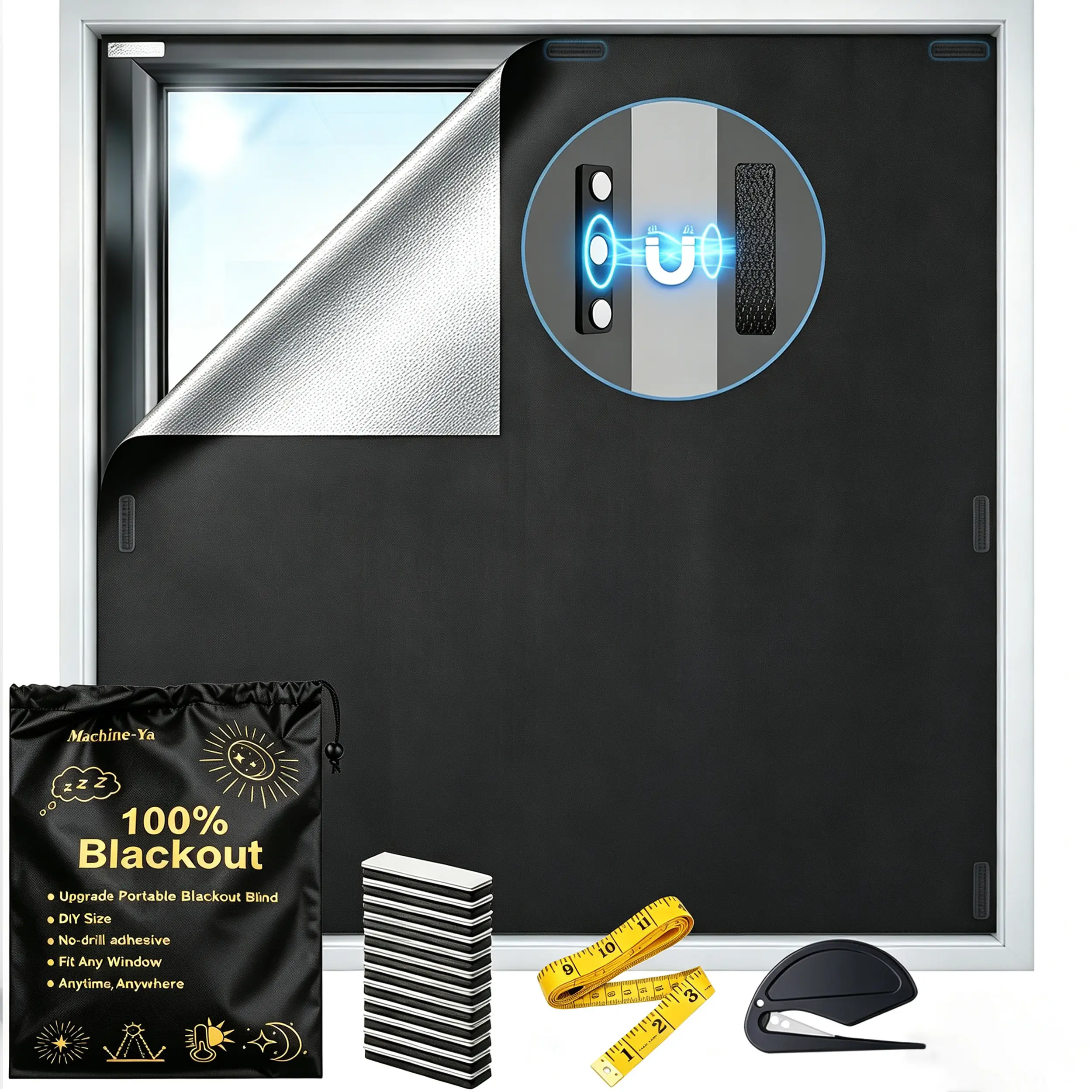 100% Blackout Curtains for Bedroom, 98 x 57 in - MagneticPortable Blackout Shades for Travel, Black Out WindowCover No Drill Cuttable for Bedroom, Nursery, Media Room, RV.