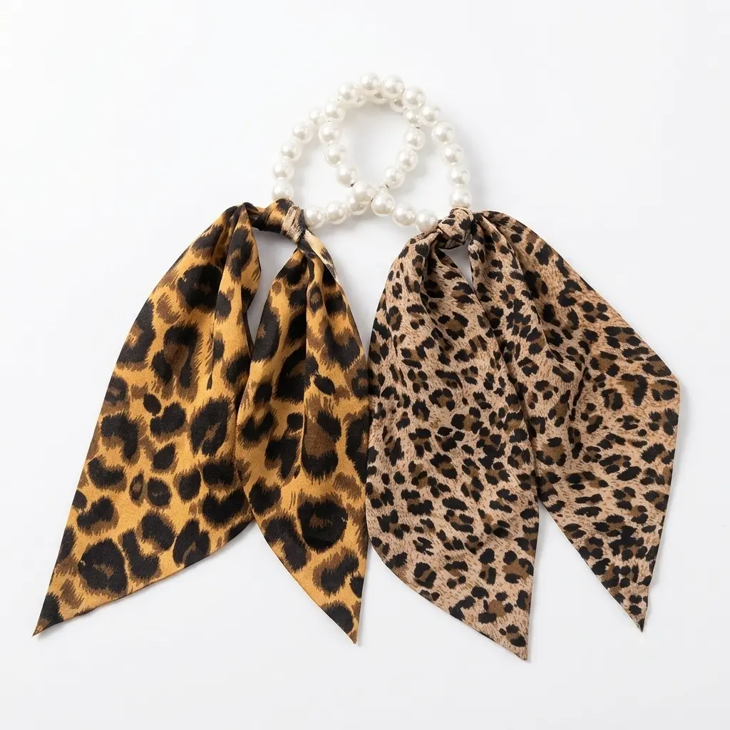 4PCS Leopard Print Pearl Hair Scrunchies Set – 2 Styles Mixed, Elegant Bow Ribbon Hair Ties, Soft Elastic Ponytail Holders, Fashion Hair Accessories for Women Girls, Cute Chic Hair Styling Accessories