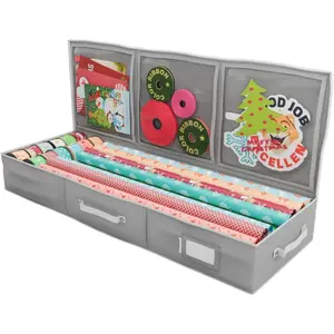Wrapping Paper Storage Container Gift Wrap Organizer Under Bed 41"x14"x6" Box Holder for 18-24 Rolls Up to 40" 600D Oxford Material Pockets for Ribbon Bows Grey