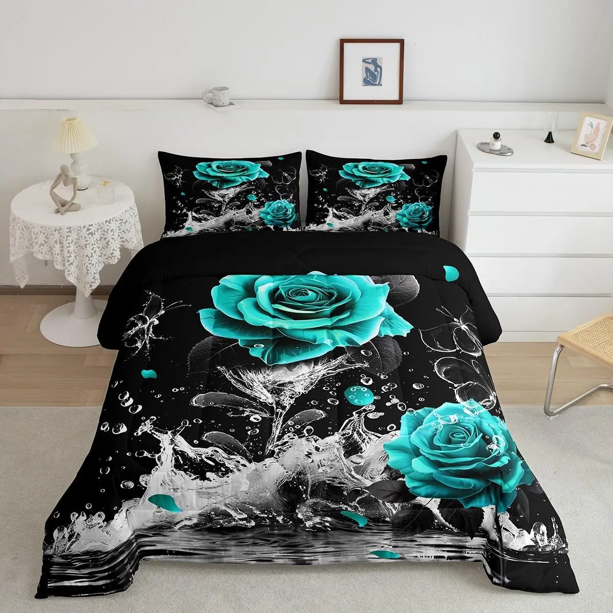 Twin Size Teal Rose Luxury Microfiber Soft Decorative Bedding Set - Romantic Floral Blossom Designer Comforter, Black Teal Decor for Water-Reflection Themed Bedroom Duvet Set, Soft Bedding Set