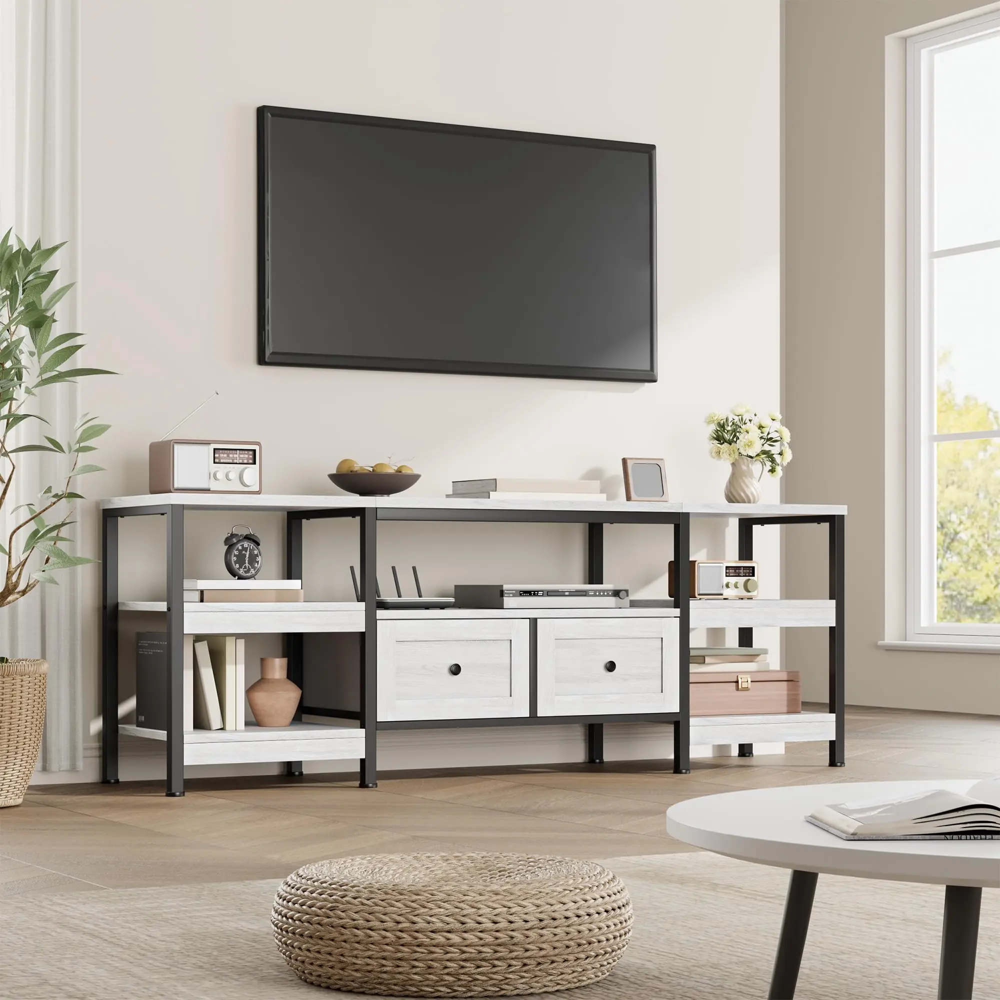 Garvee 71-Inch Industrial Mobile Entertainment Center with Two Drawers, Rustic Multimedia Console with Open Shelves and Metal Frame, Fits Up to 75-Inch Screens