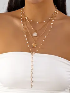 Gold Pearl Cross Necklace For Women Chunky Gold Chain With Pearl Layered Stacked Flower Pendant Choker Necklace Statement Punk Necklaces Party Jewelry Gift For Valentine's Day Gift New Year Gift