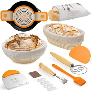 9 Inch Sourdough Starter Kit, Banneton Bread Proofing Basket with Linen Liner, Natural Rattan Fermentation Tools for Home Bakers, Complete Accessories with Dough Scraper, Danish Whisk, Bread Lame