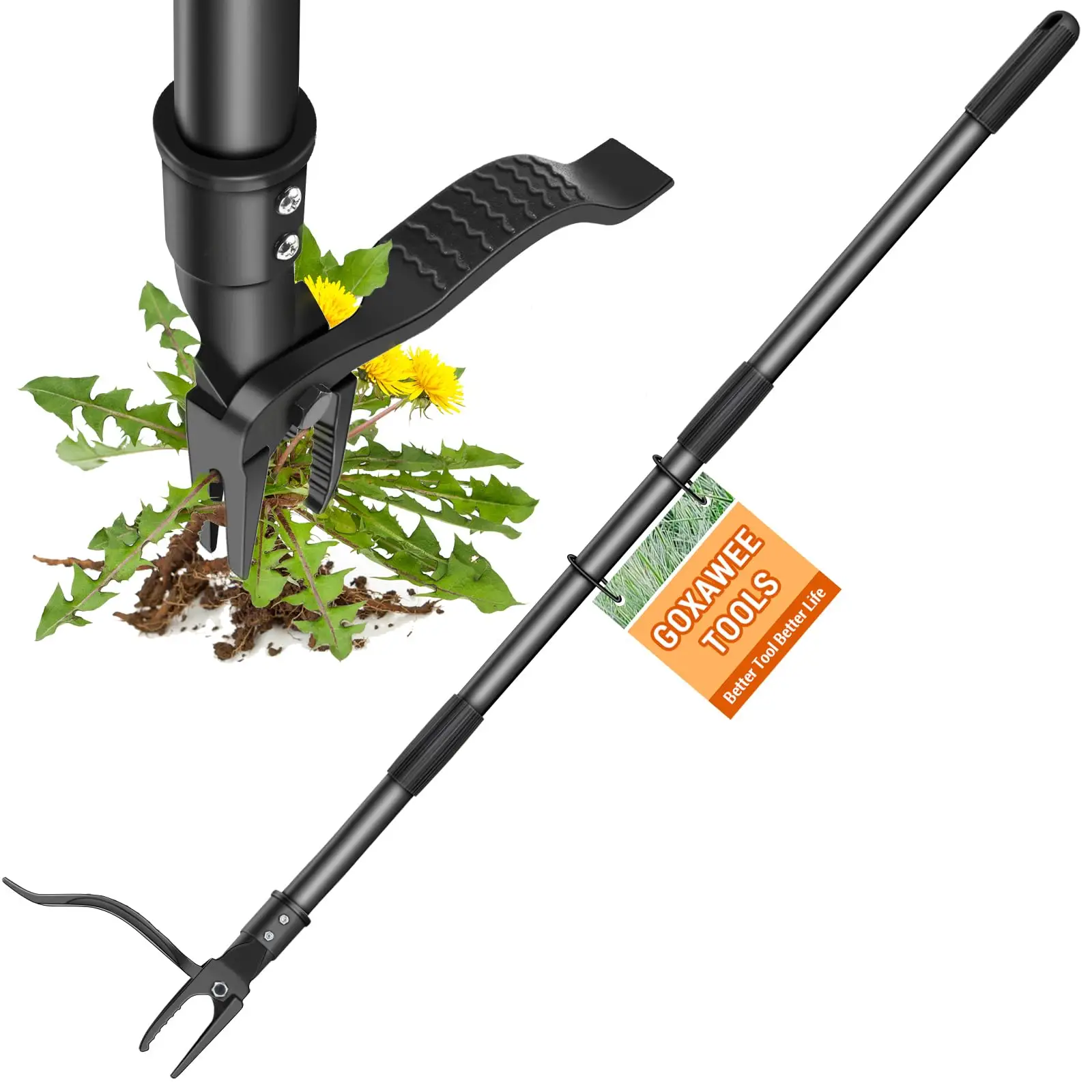 Weed Puller Tool, Stand Up Weed Remover Tool with Long Handle, Foot Platform Design – 4 Claw Steel Head Weeder Tool, Bamboo Garden Manual Weeding Tool