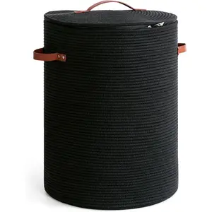 Tall Laundry Basket with Lid, Large Laundry Hamper for Bedroom, Laundry Bin for Clothes, Blankets, Toys, Decorative Woven Basket for Living Room, 15 x 20 inches, Black