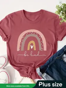 Plus Size Rainbow Stripe & Slogan Print Round Neck Tee, Casual Short Sleeve T-shirt for Summer, Women's Plus Clothing for Daily Wear