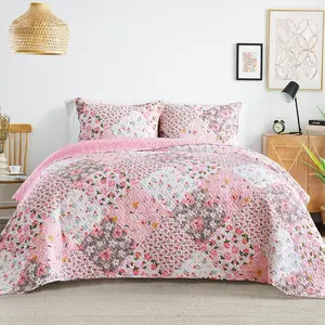 Reversible Patchwork Quilts Full  Size, Lightweight Boho Printed Bedspreads Coverlets Quilt Bedding Set with 2 Pillow Shams for All Seasons, Pink