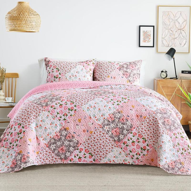 Reversible Patchwork Quilts Full  Size, Lightweight Boho Printed Bedspreads Coverlets Quilt Bedding Set with 2 Pillow Shams for All Seasons, Pink