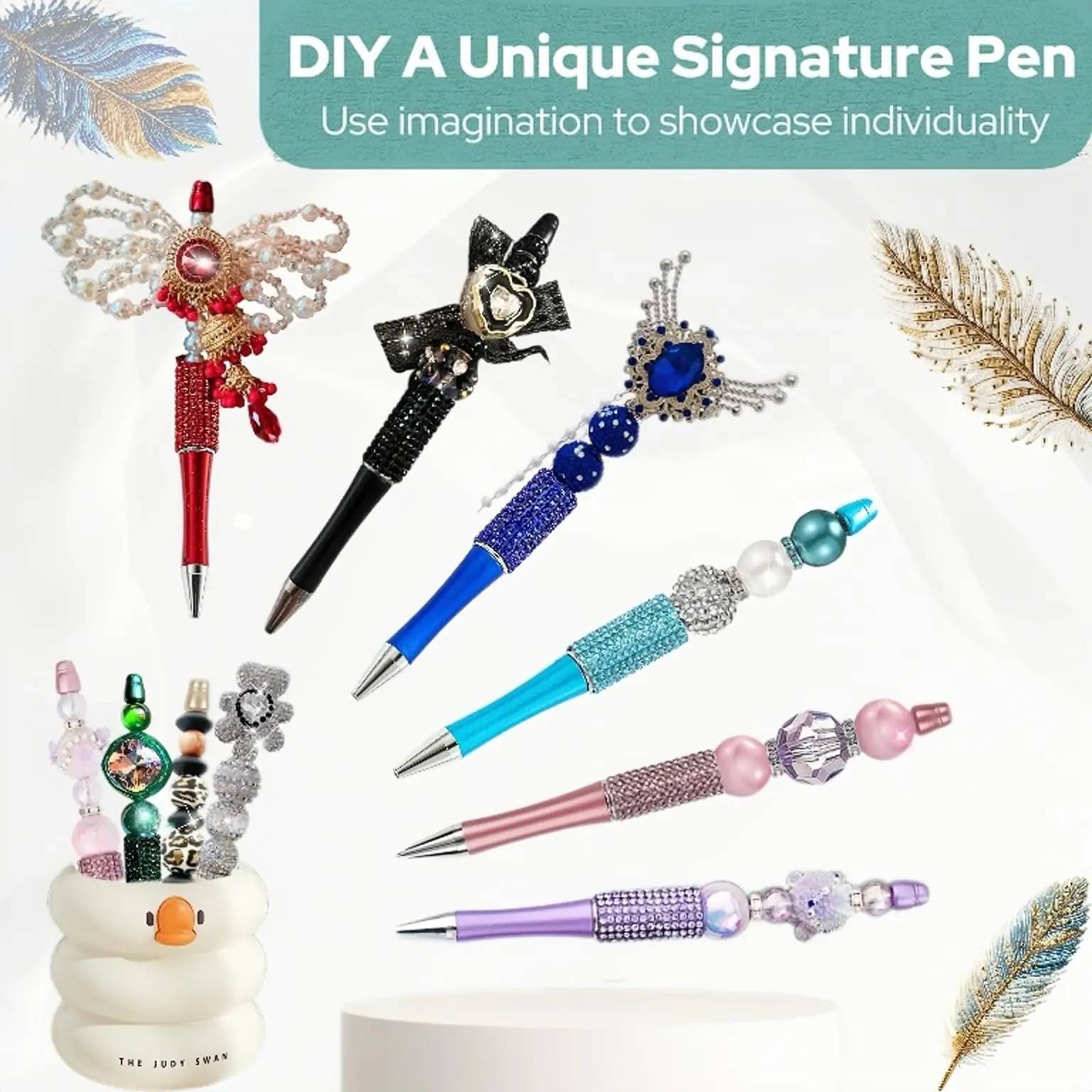 Qty 7 Standard Beadable Pens - Black Ink, Durable Plastic, Easy DIY, Fun Creative Gift for Home Office School Business