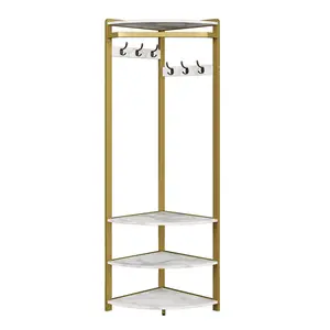 Corner Coat Rack with Shoe Bench Entryway and 6 Double Hooks, Corner Hall Tree - Corner Clothes Rack with Storage Corner Tree with Organizer Shoe Bench Shelf for Entryway, Hallway, Closet, Gold
