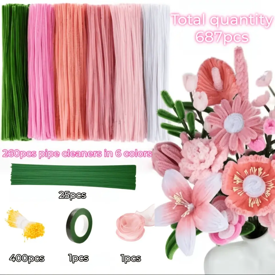 687 Chalk Paint Crafts Set, 6 Color Large Package, Floral Kit with Chenille Strips, Flower Wire, Tape, Bouquets, DIY Valentine Gifts & Accessories