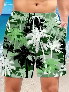Men's extra-large size tropical Palm Beach shorts - casual 3D printed drawstring waistband with pockets, elastic waistband, quick-drying polyester fabric, green palm tree pattern, Beach Outdoor Wear