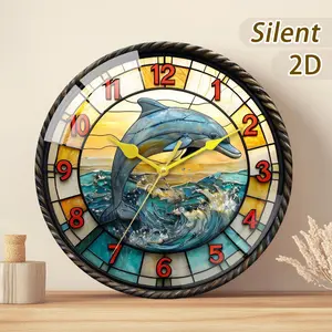 Wooden Dolphin Clock, Round Shape Wall-Mounted Design, Battery Operated (not Included), Ideal for Home Decor & Gift Choices