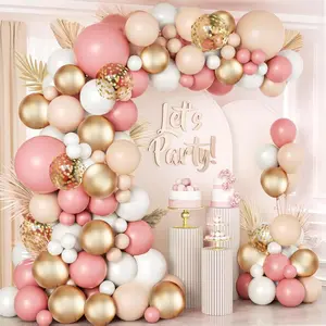 Dusty Pink Blush Balloon Garland Arch Kit, Retro Pink Nude Matte White Metallic Gold Balloons and Gold Confetti Balloons for Boho Engagement Wedding Bridal Shower Birthday Baby Shower Decorations, Backdrop