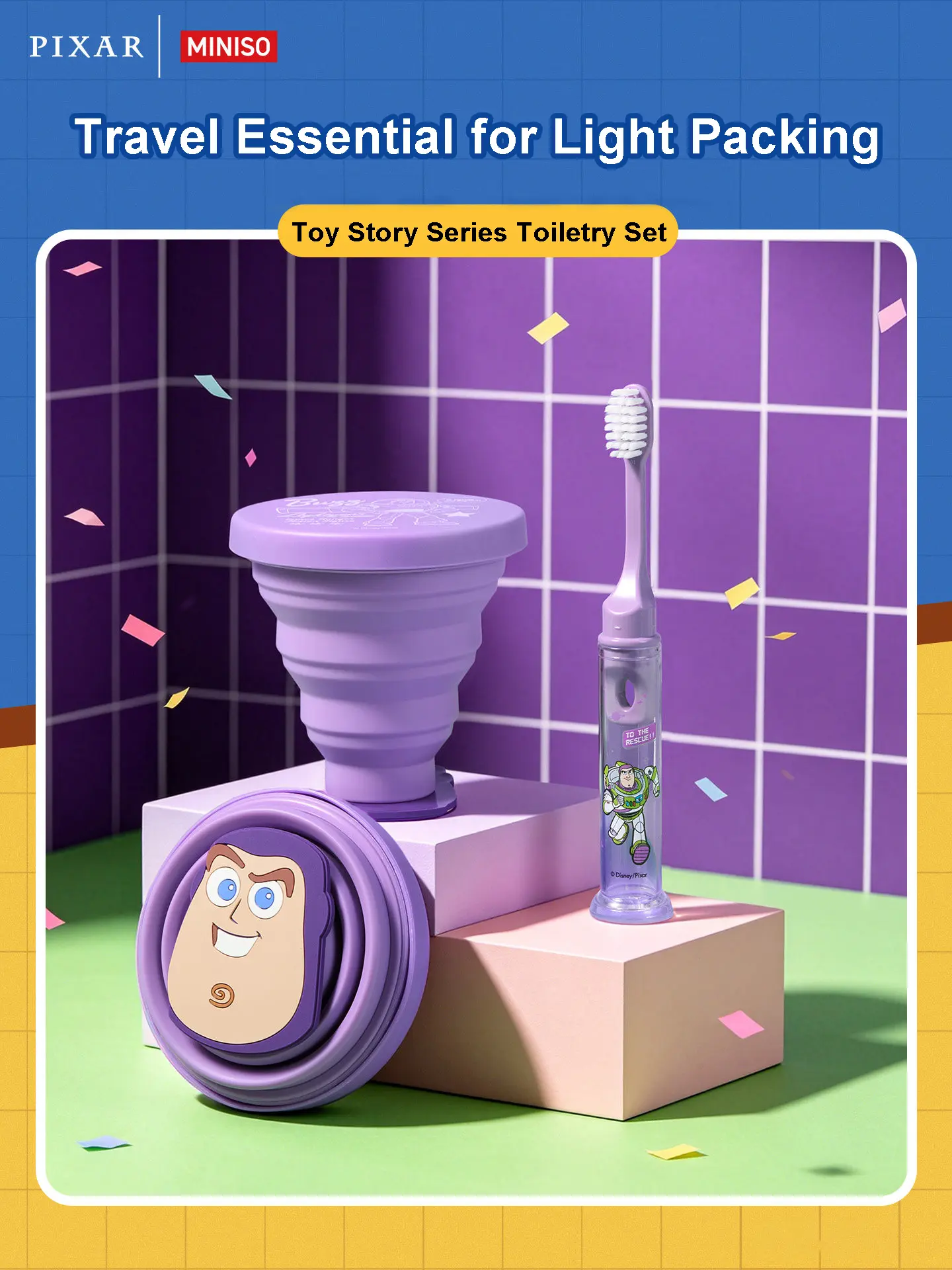MINISO Toy Story Travel Toiletry Set, Portable Foldable Toothbrush & Mouthwash Cup. Compact & Space-saving Travel Essentials with Cute Design. Lightweight & Easy to Carry, Ideal Daily Supplies for Travel, Business Trips and Outdoor Activities. summerwins