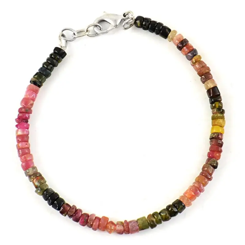 55.00 Cts Untreated Watermelon Tourmaline Round Faceted Beads Bracelet (DG)