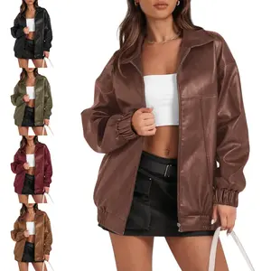 FMEYOA Womens Leather Jacket Oversized Faux Casual Zip Up Bomber Motorcycle Jackect Trendy Fall Winter Clothes S-XXL