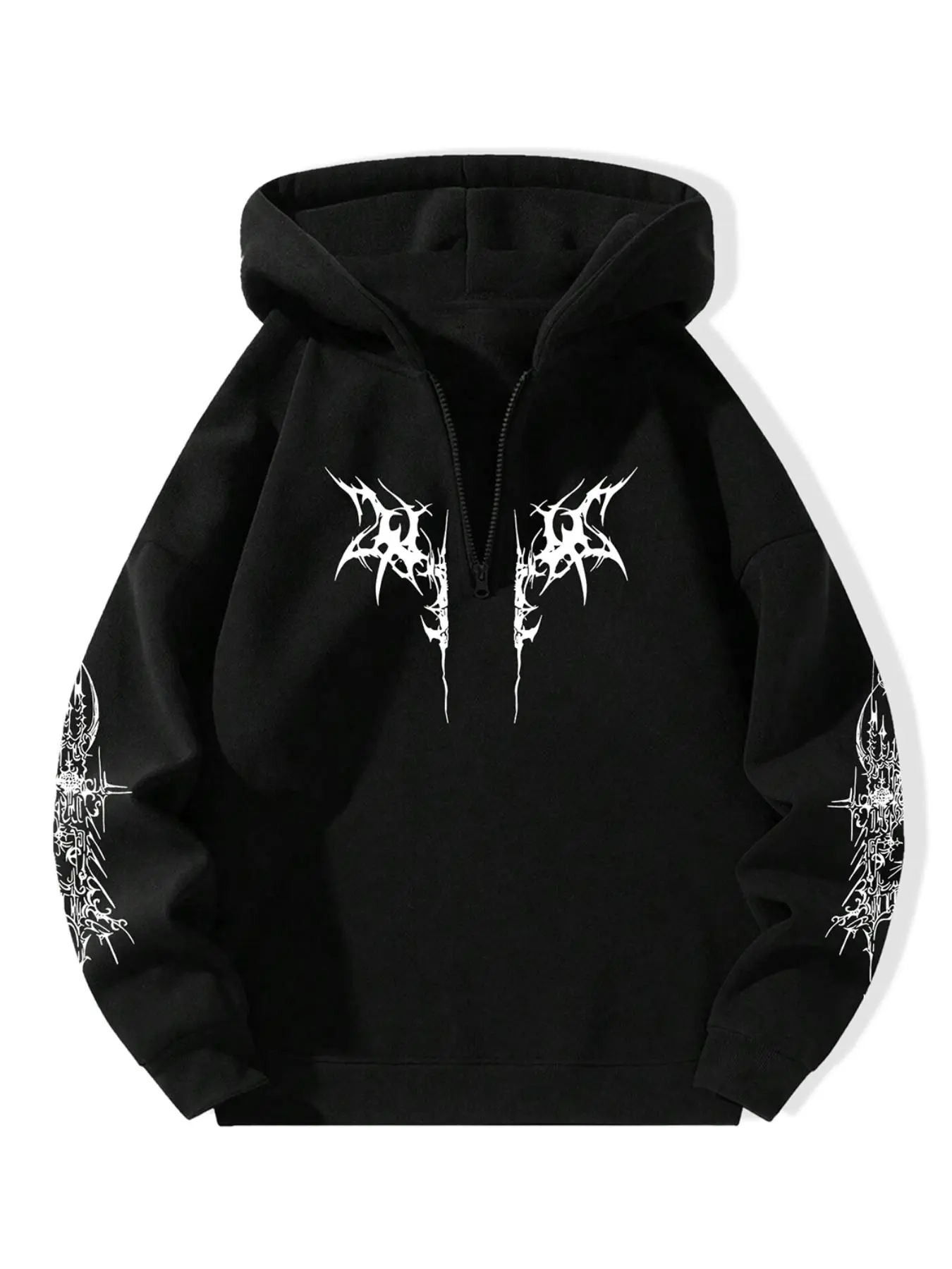Men's Thermal Lined Drop Shoulder Half Zip Up Gothic Printed Street Fashion Hoodie, Casual Street Wear Regular Fit Graphic print Long Sleeve Hooded Sweatshirt for Fall & Winter, Men's Top for Daily Wear