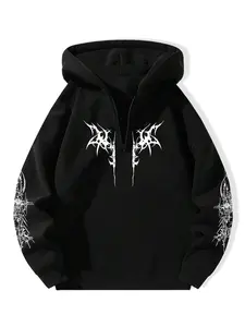 Men's Thermal Lined Drop Shoulder Half Zip Up Gothic Printed Street Fashion Hoodie, Casual Street Wear Regular Fit Graphic print Long Sleeve Hooded Sweatshirt for Fall & Winter, Men's Top for Daily Wear