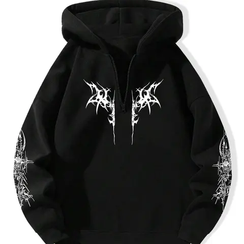 Men's Thermal Lined Drop Shoulder Half Zip Up Gothic Printed Street Fashion Hoodie, Casual Street Wear Regular Fit Graphic print Long Sleeve Hooded Sweatshirt for Fall & Winter, Men's Top for Daily Wear
