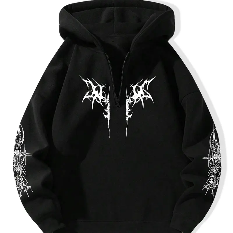 Men's Thermal Lined Drop Shoulder Half Zip Up Gothic Printed Street Fashion Hoodie, Casual Street Wear Regular Fit Graphic print Long Sleeve Hooded Sweatshirt for Fall & Winter, Men's Top for Daily Wear