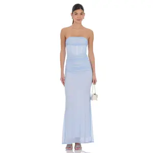 Lucy in the Sky Mesh Strapless Corset Maxi Dress in Light Blue