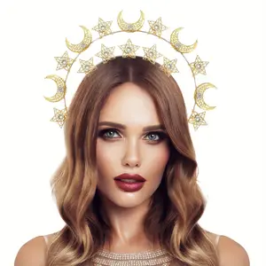 The new 2024 is a hot sellerGold Moon Star Crown - Celestial Headband Goddess Crown Mary Metal Halo Headpiece with Rhinestones Bridal Headwear Wedding Prom Tiara Hair Accessories