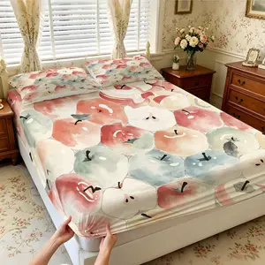 3Pcs Watercolor Apple Print Fitted Sheet Set, Multiple Styles, Soft, Comfortable And Breathable, Bedroom Bedding, Suitable For All People, Ideal Gift Choice (Without Filler And Pillow Insert)