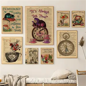 Cartoon A-Alice In WonderlandS Painting Calligraphy Vintage Letters Print Eco-Friendly Cotton Canvas Poster Fine Texture Smooth Surfac Waterproof Wall Art for Home & Outdoor Decor Gift