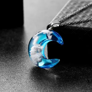 Aesthetic Crescent Moon Necklace – Blue Resin Pendant with Cloud Design | Celestial Jewelry for Women & Girls | Cute Kawaii Y2K Boho Fashion Accessory | Unique Gift for Her | TikTok Trendy Statement Necklace | Fairycore Cottagecore Jewelry
