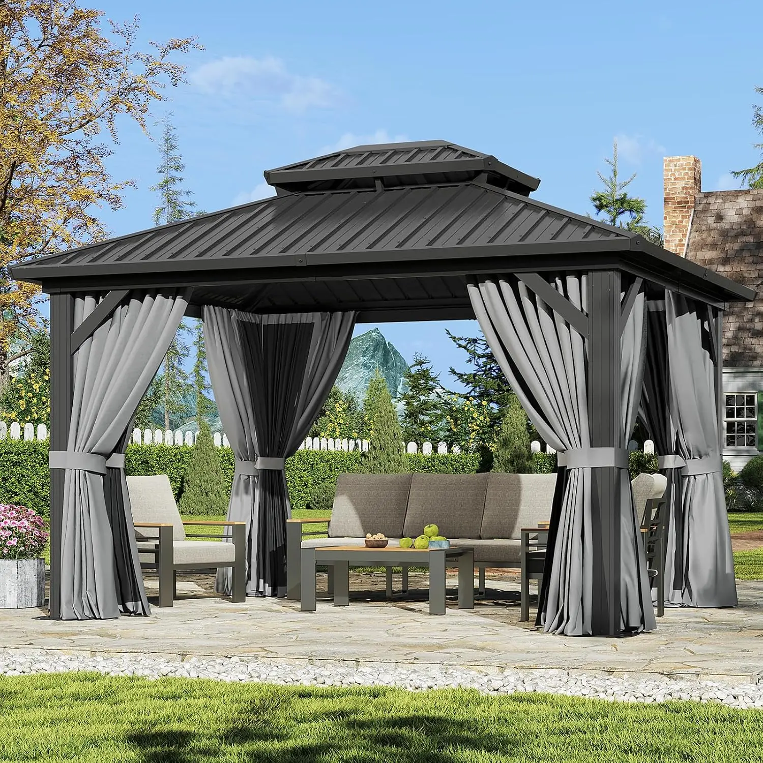 Jolydale Outdoor Patio Gazebo, Permanent Metal Frame Pavilion with Curtains and Netting, Galvanized Double Roof Canopy for Garden, Lawns, Gazebo Outdoor Patio