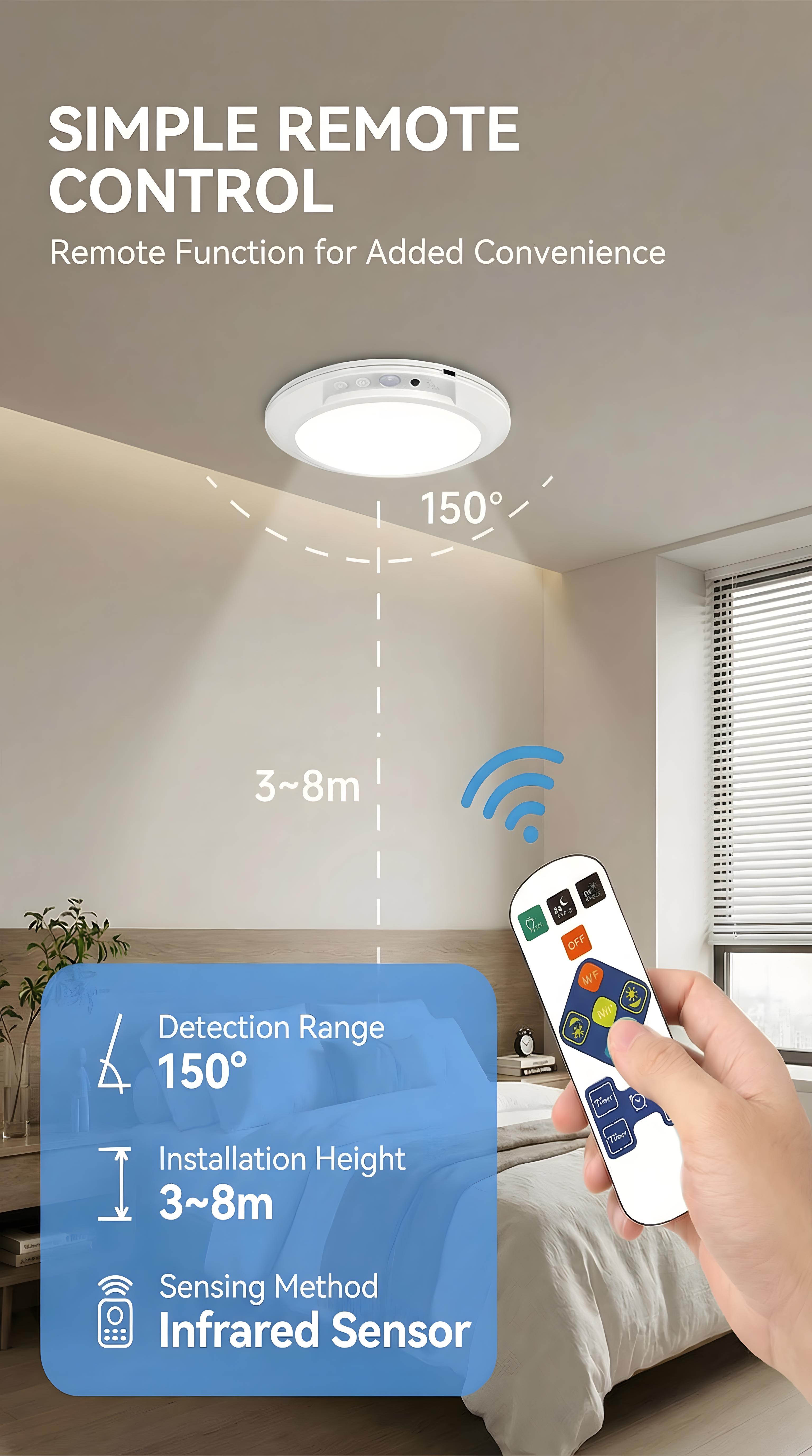 Rechargeable ceiling light with motion sensor and remote — magnetic wireless battery-operated LED light with three color modes for closet, pantry, shower, garage, hallway, and porch