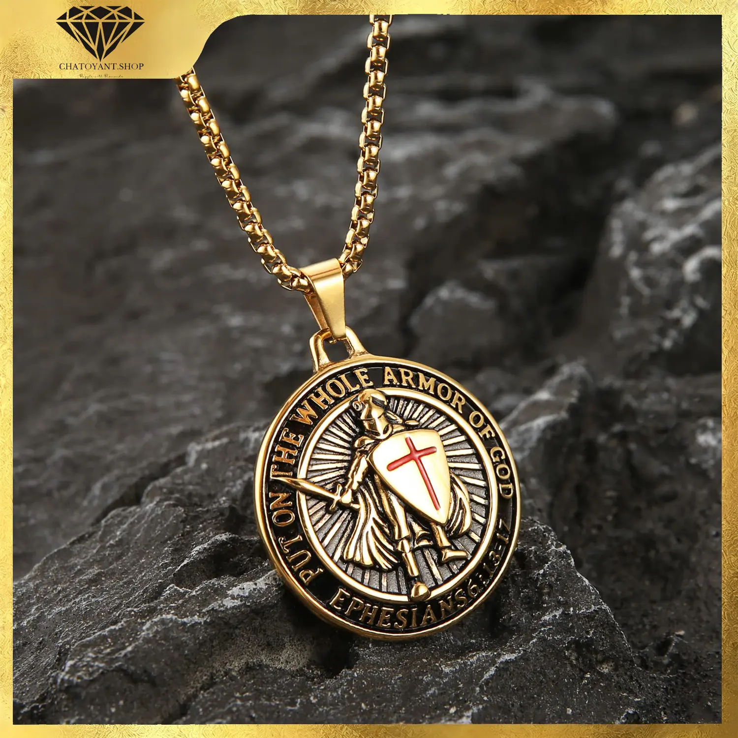 316L Stainless Steel Saint Paul Ephesians "Put On The Whole Armor Of God" Cross Knight Pendant Necklace for Men