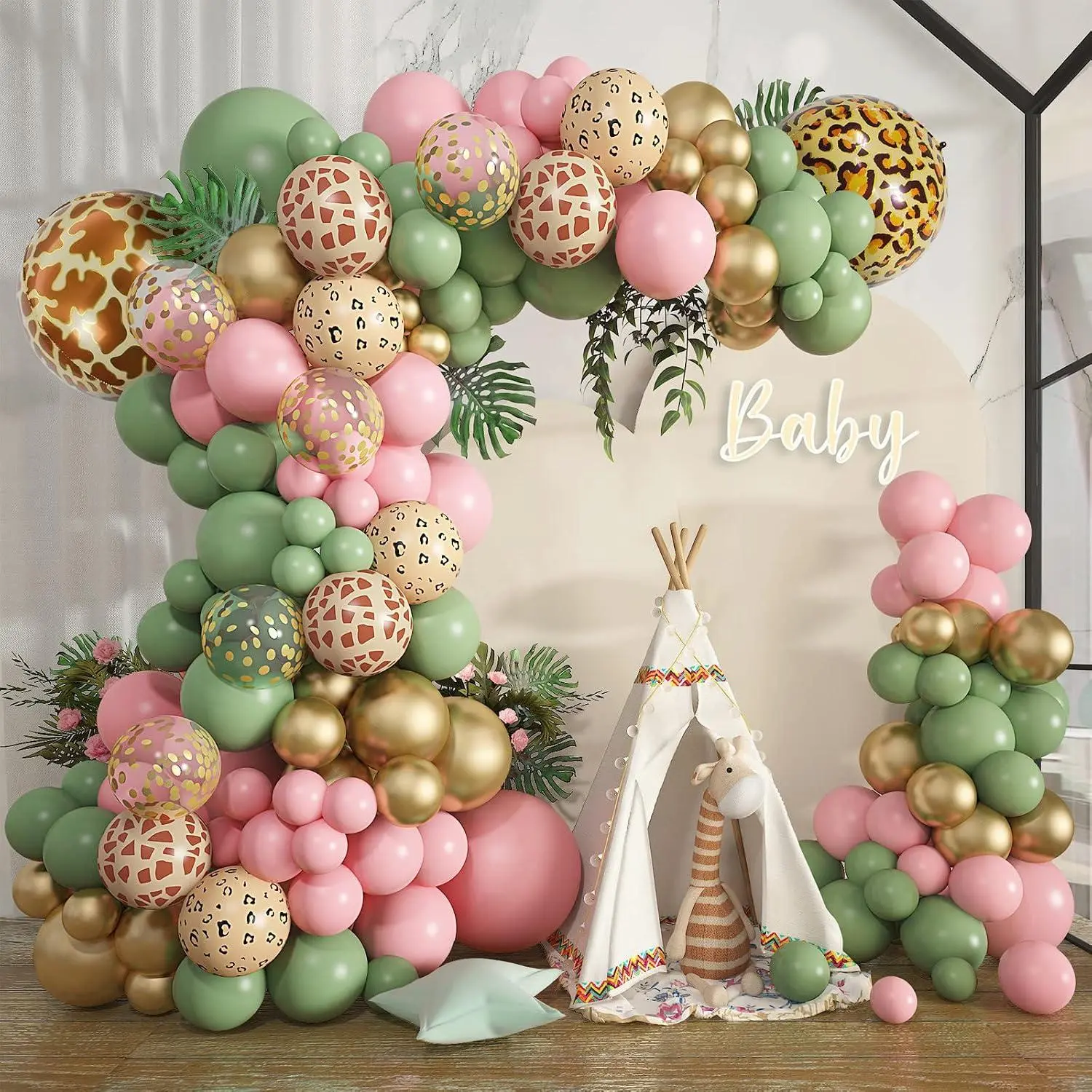 170Pcs Jungle Safari Balloons Garland Arch Kit Animal Printed Pink Sage Green Balloons Wild One Giraffe Leopard Safari Baby Shower Decorations For Girl Birthday Party Supplies
