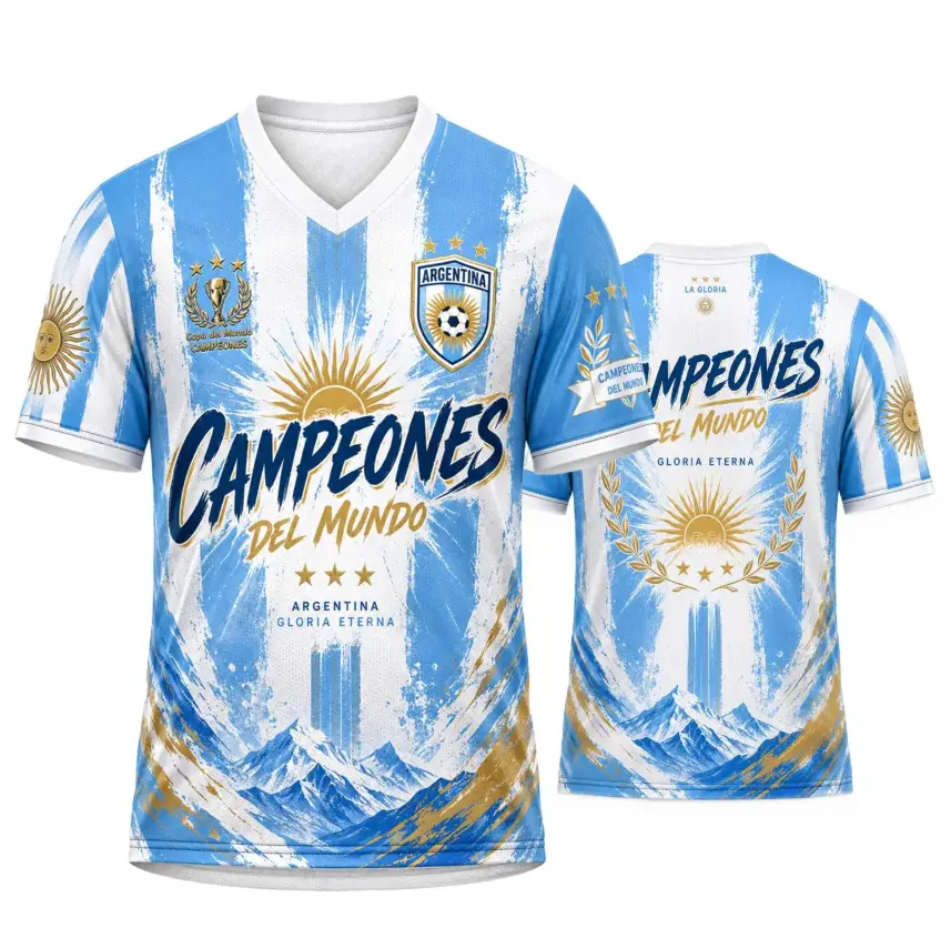Men's Sky Blue White V-Neck Soccer Style Shirt, Argentina-Inspired Sun Laurel Mountain Graphic Short Sleeve Athletic Fan Top
