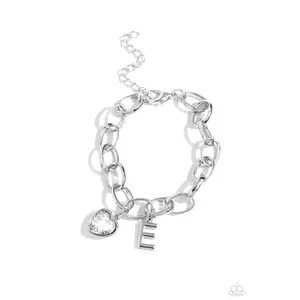 Guess Now Its INITIAL - White - E Heart Gem Letter Alphabet Silver Charm Bracelet - Paparazzi