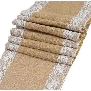 MDS 5 PCS 100% Natural Burlap Table 12" x 108" with Lace, Rustic Farmhouse Vintage Boho Jute Runner for Wedding Reception Birthday Home Dining Coffee Table Decoration