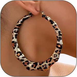 Bamboo Earrings for Women Gold Bamboo Hoop Earring Large Bamboo Hoop Earrings 90s Large Gold Hoop Earrings Trendy Leopard Bamboo Earrings Hip Hop Jewelry for Women