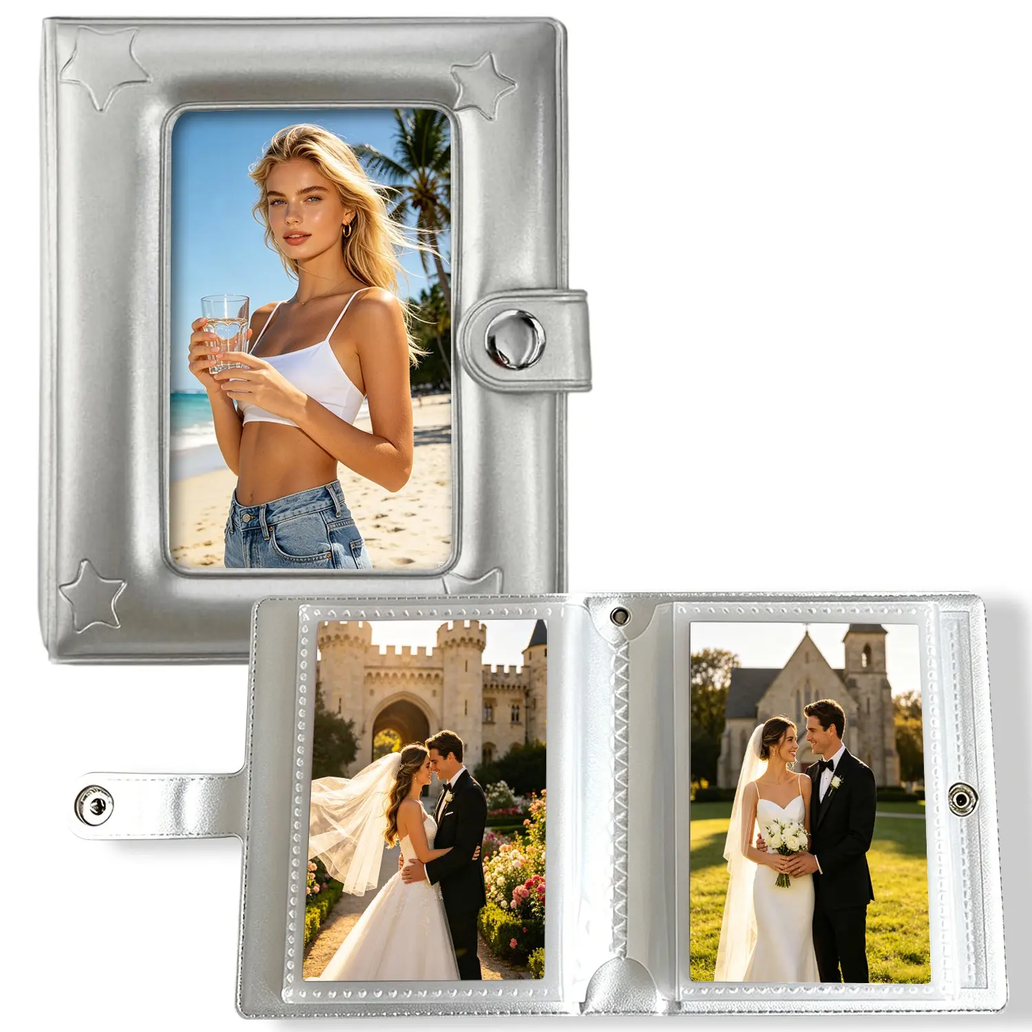 Star Embossed 3-Inch K-Pop Themed Photo Book, Mini Album with Snap Closure, Y2K Silver Color Photo Card Holder, 20 Pages, Holds 40 Photos, Portable Polaroid Case, Picture Album