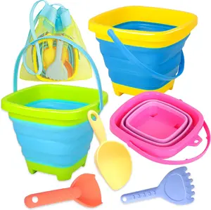 Collapsible Beach Sand Bucket 3 Packs Foldable Buckets Set with Shovels & Mesh Bag Collapsible Beach for Summer (Yellow, Blue, Green, Pink, Medium)