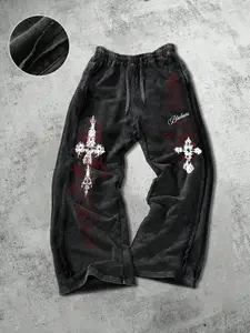 Unisex Gothic Street Style Streetwear Gothic lettering and Gothic cross pattern print Cotton Sweatpants, Loose Fit Elastic Waist, Casual Fashion Pants for All Seasons,Gothic outfits， Men's Daily Wear Gift