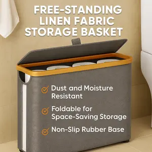 Linen Bathroom Storage Basket with Bamboo Lid – Large-Capacity Organizer for Multiple Toilet Paper Rolls, Towels, and Laundry | Dust-Proof, Moisture-Resistant, Slim Space Saver