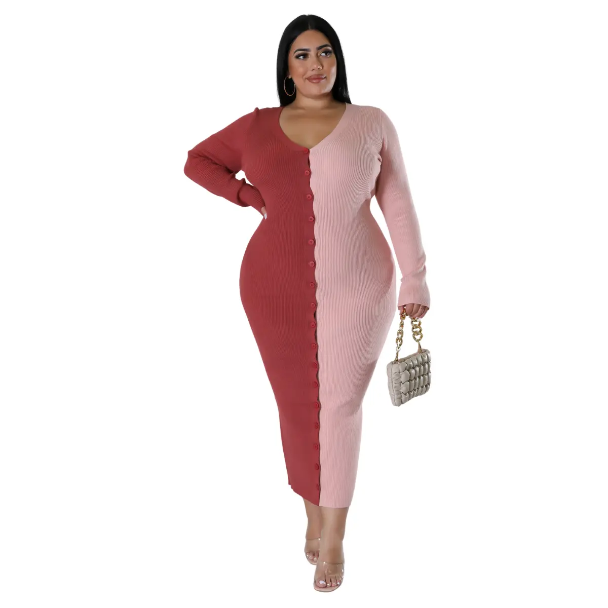 Marlie v-neck front button long sleeve maxi dress Casual Elegant