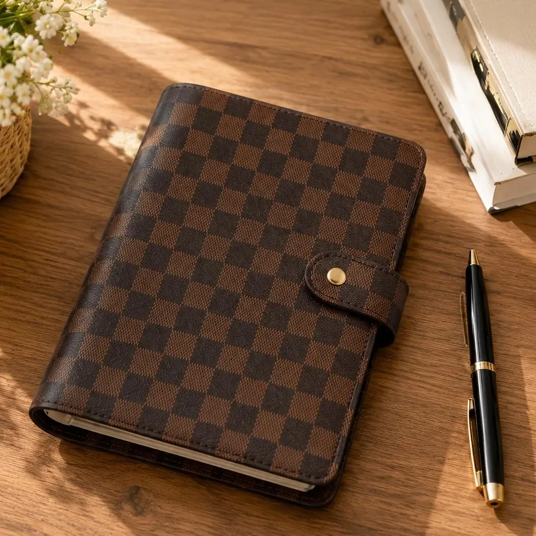 Brown Checkered A5 Planner Binder, PU Leather 6 Ring Refillable Notebook Cover with Snap Button, Card Pockets & Pen Holder for Daily Notes,Budget Planner,Office Desk & College,Dreambook & Planner portable book prompt question memorial day deal