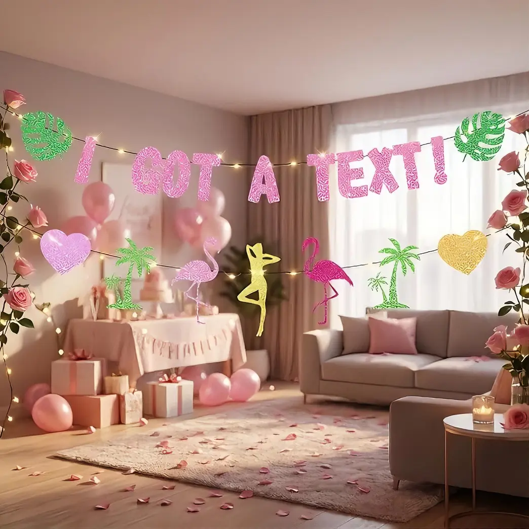 I Got A Text Welcome to The Villa Party Decorations with Flamingo and Heart Motifs for Festive Celebrations