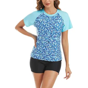Women's 2 Piece Rash Guard Short Sleeve UPF 50+ Swim Shirt Built in Bra Bathing Suit with Boyshorts Bottoms