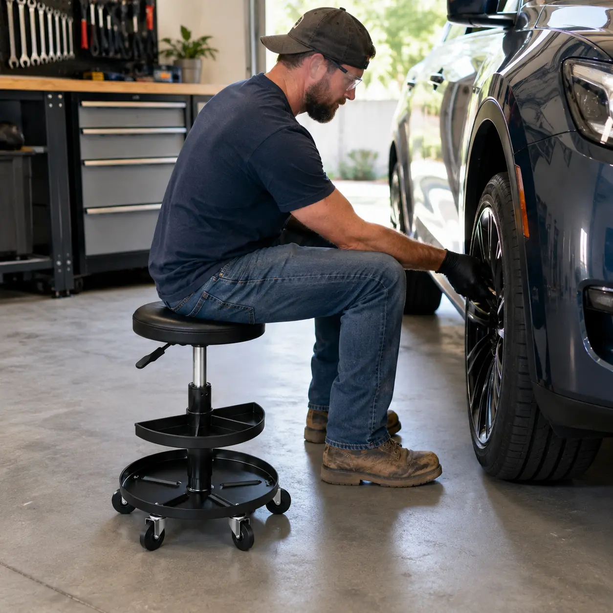 Adjustable Rolling Garage Work Stool with 2-Tier Tool Storage Trays