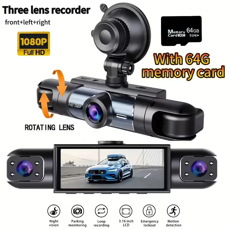 4 Channel 1080P Car DVR Dash Cam, Front Rear Left Right Wide Angle Recording, HD Screen, G-Sensor, Loop Record, 24/7 Parking Mode, Equipped with 64GB Memory Card